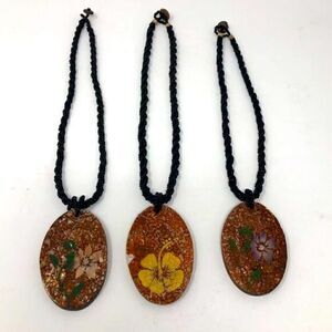 Floral Natural Wood Floral Boho Pendant Set of 3 Necklaces Rope Chain
